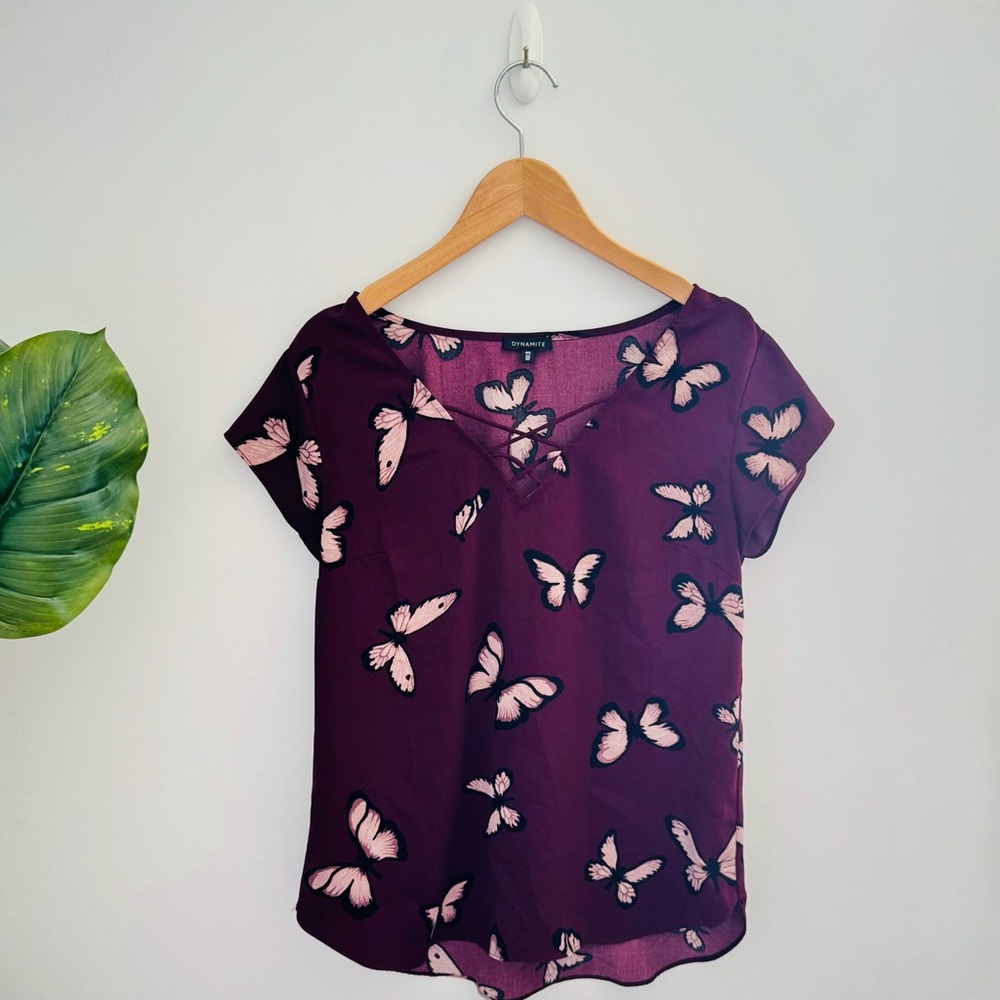 DYNAMITE | Burgundy Butterfly Patterned Shirt Size Small